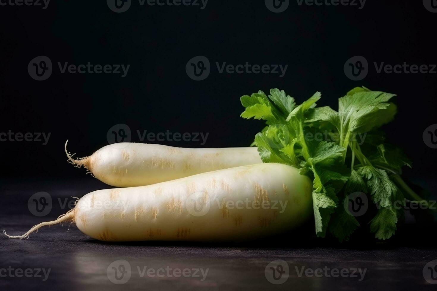 photos of long white radish ready to serve in indoor studio AI Generated