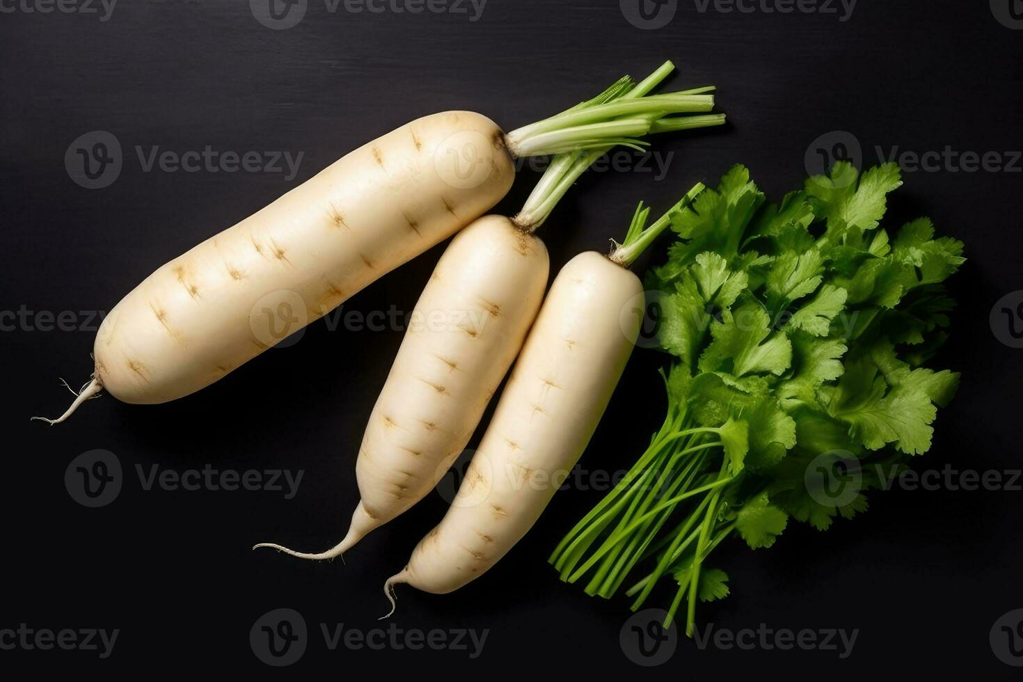 photos of long white radish ready to serve in indoor studio AI Generated