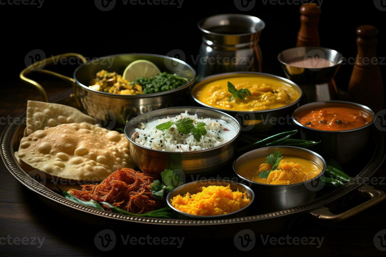 photos of indian thali in indoor photo studio AI Generated