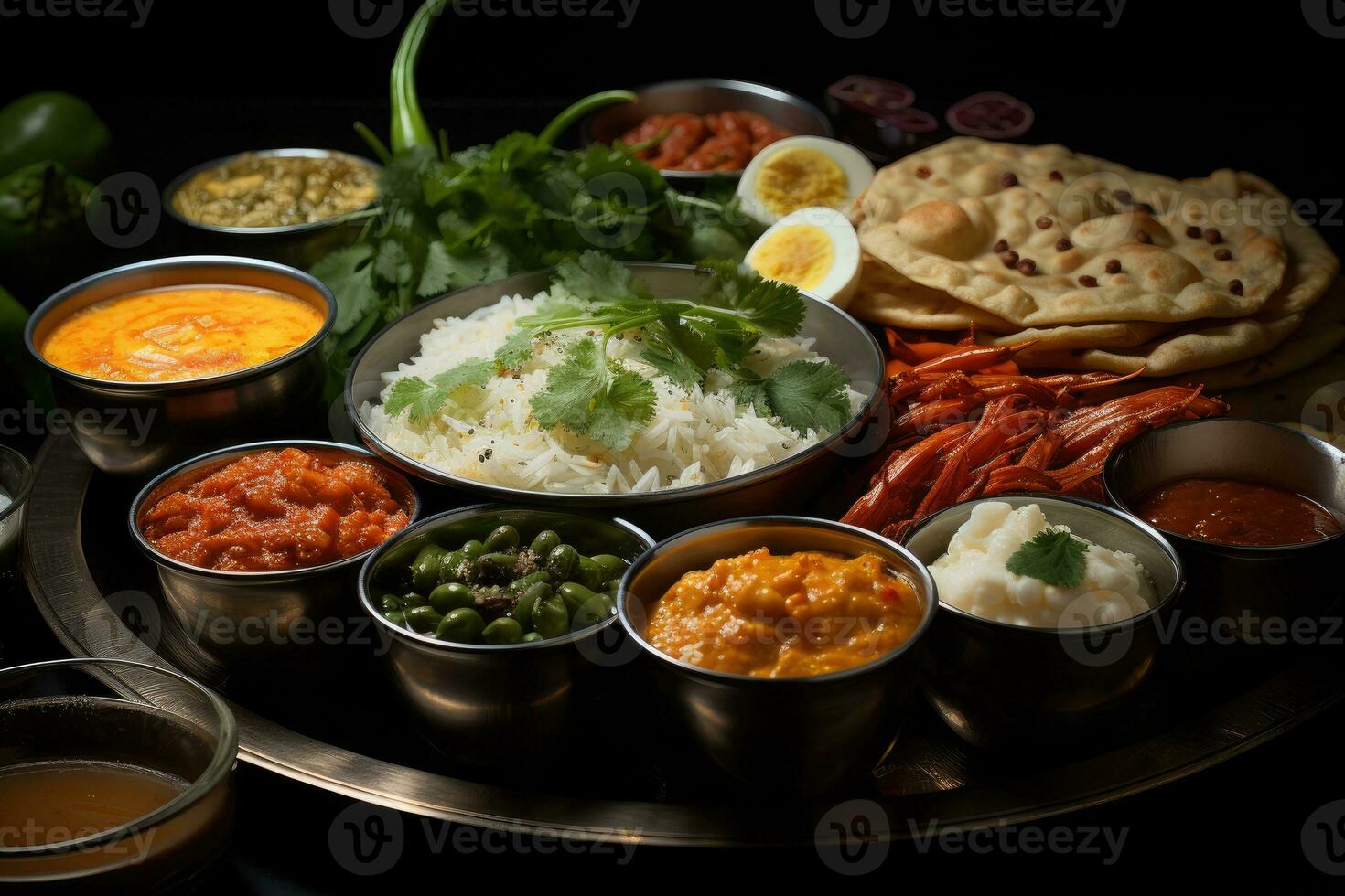 photos of indian thali in indoor photo studio AI Generated