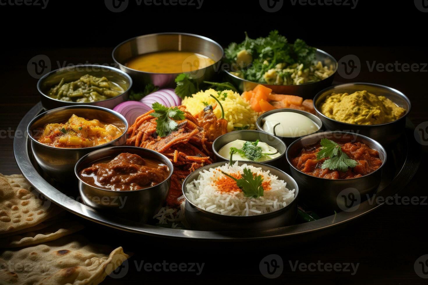 photos of indian thali in indoor photo studio AI Generated