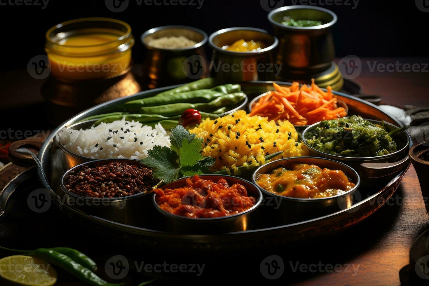 photos of indian thali in indoor photo studio AI Generated