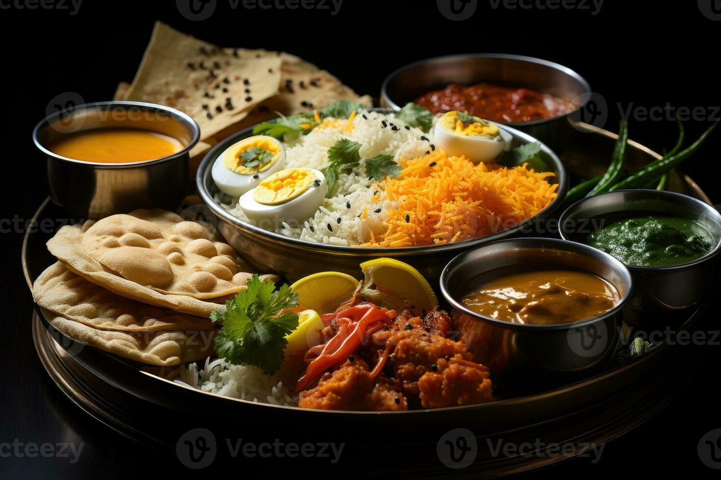 photos of indian thali in indoor photo studio AI Generated