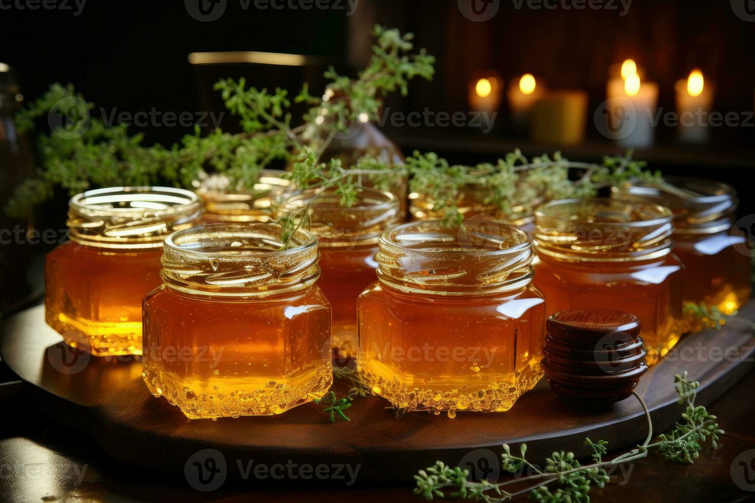 jar filled with honey on wooden table AI Generated photo