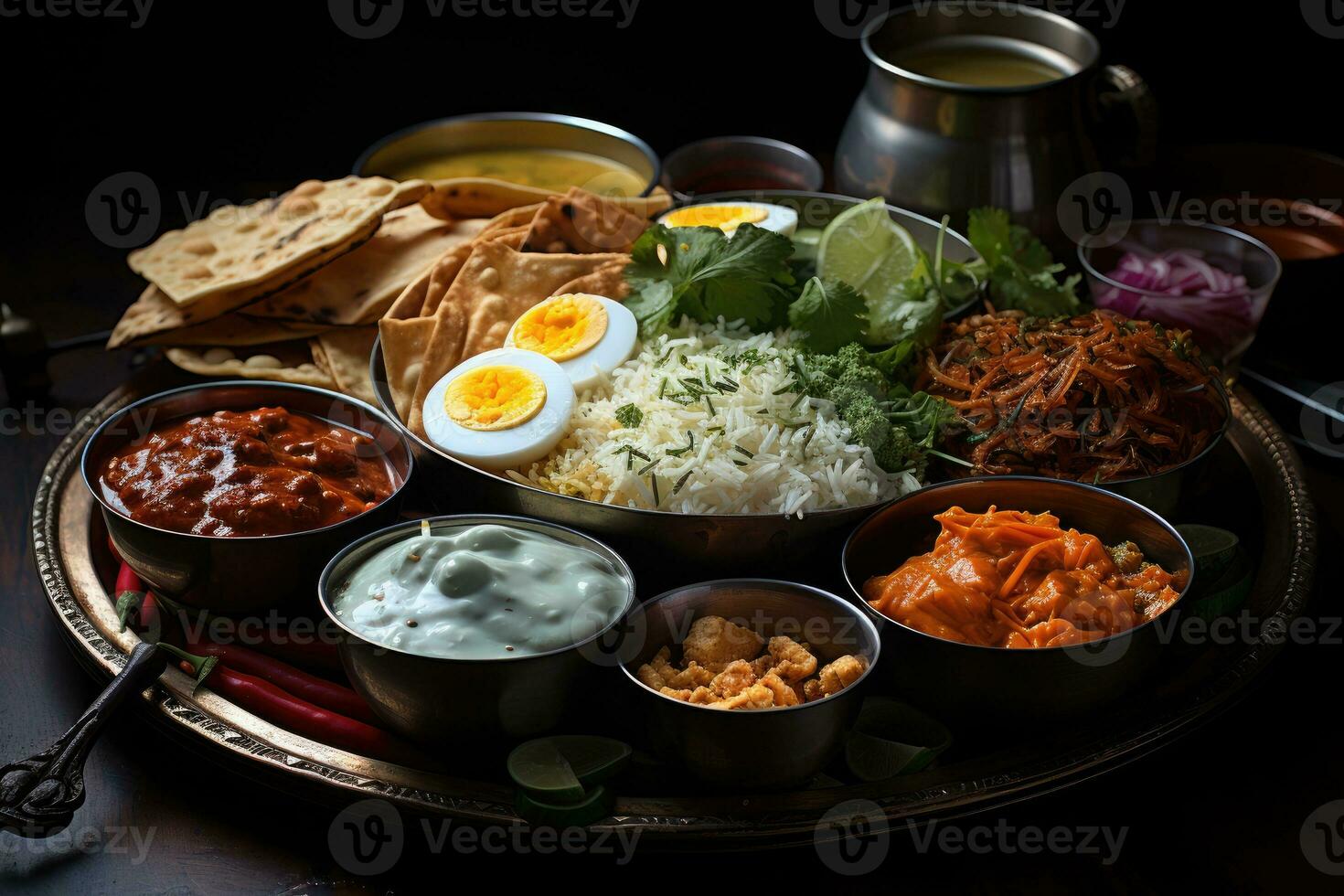 photos of indian thali in indoor photo studio AI Generated