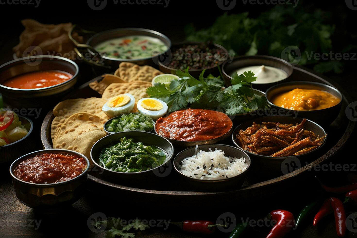 photos of indian thali in indoor photo studio AI Generated