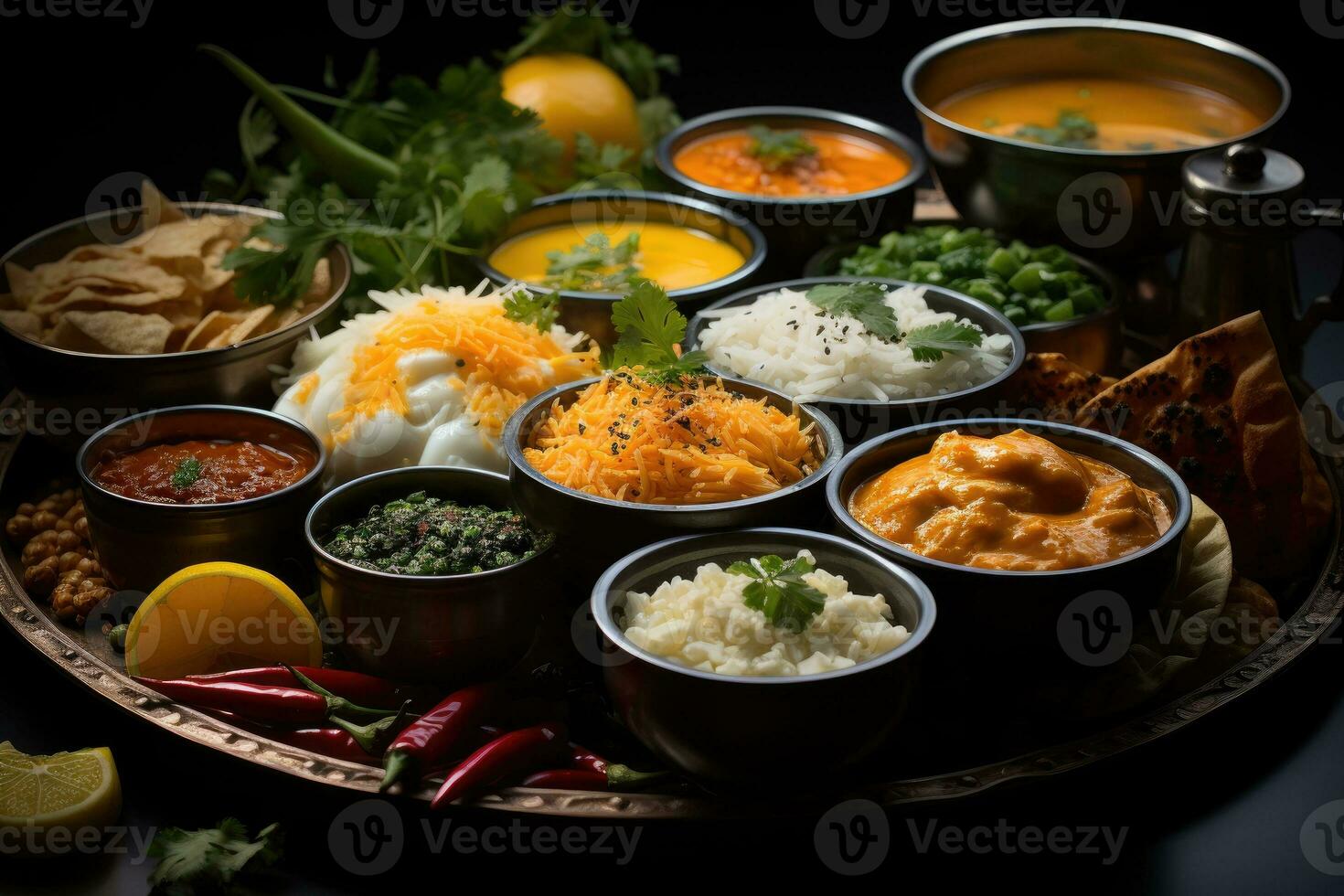 photos of indian thali in indoor photo studio AI Generated