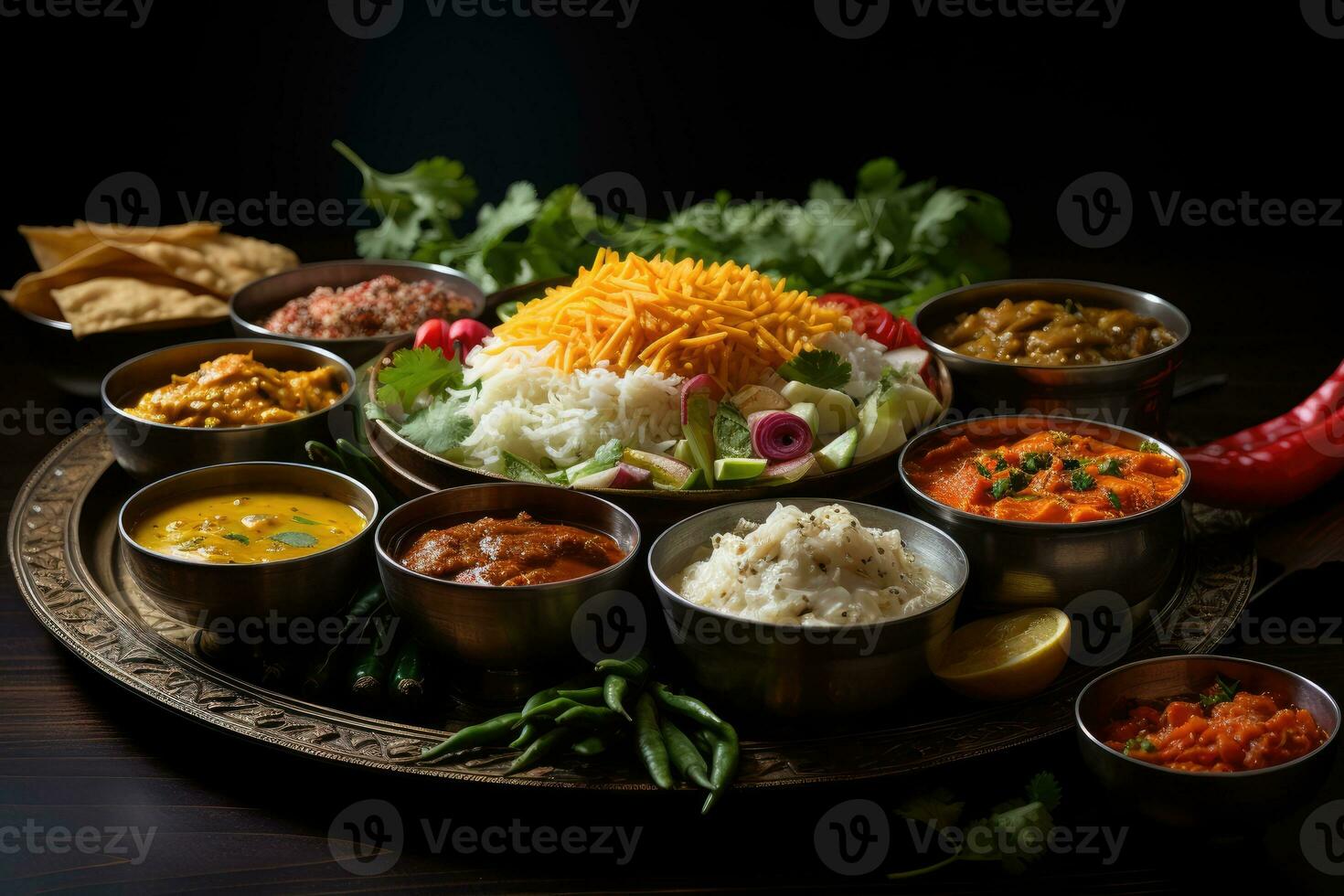 photos of indian thali in indoor photo studio AI Generated
