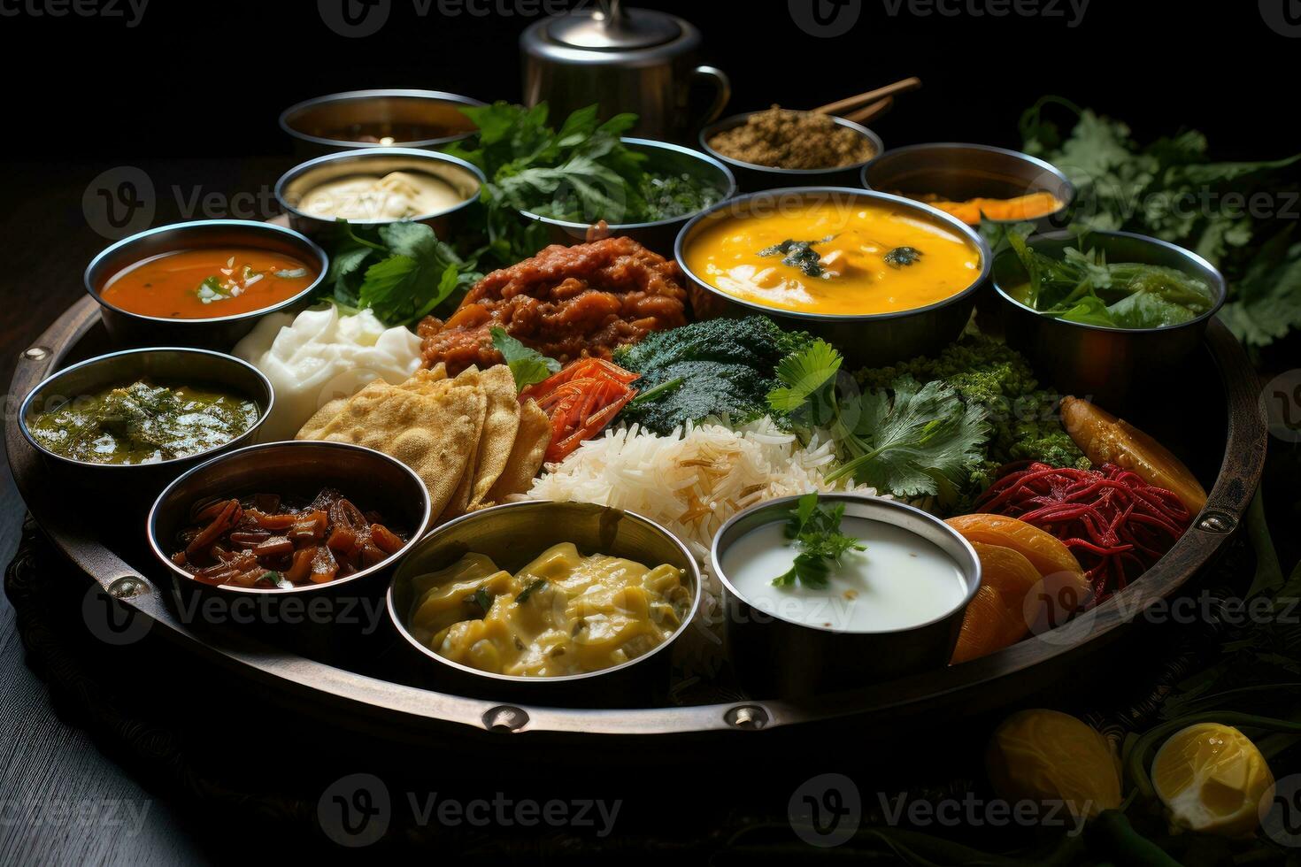 photos of indian thali in indoor photo studio AI Generated