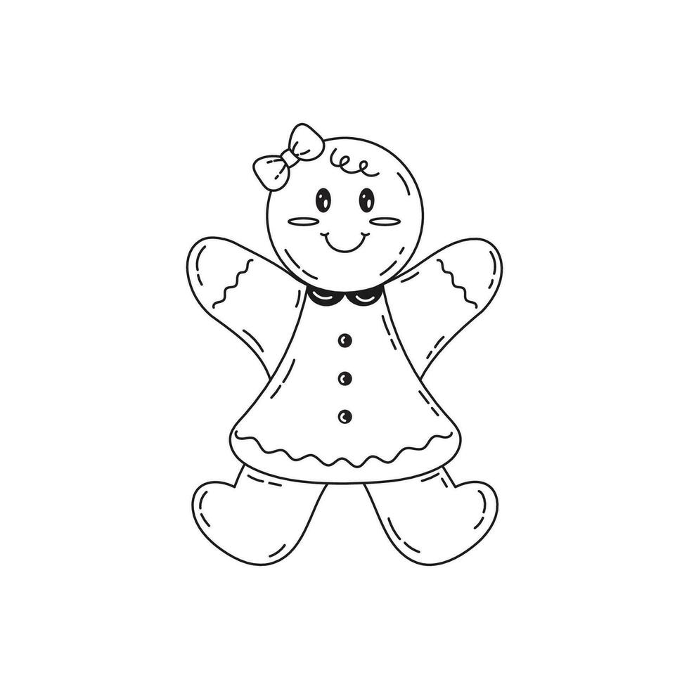 linda Navidad pan de jengibre niña en garabatear estilo. para niños colorante página de dulce postre. mano dibujado vector valores ilustración en aislado blanco antecedentes.