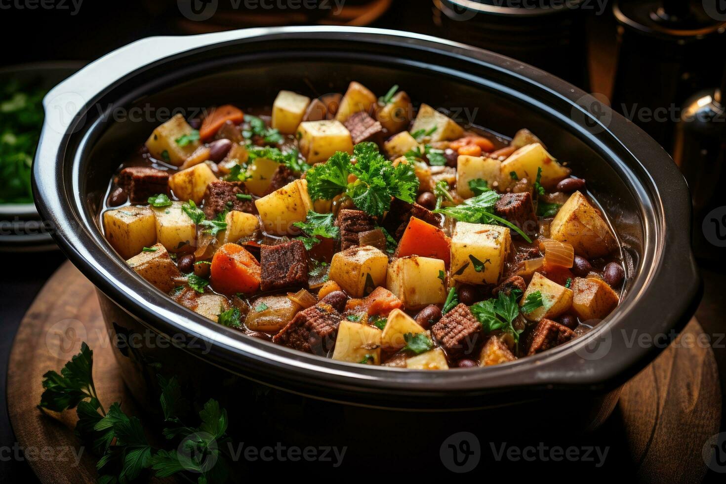 photos of beef stew in indoor photo studio AI Generated