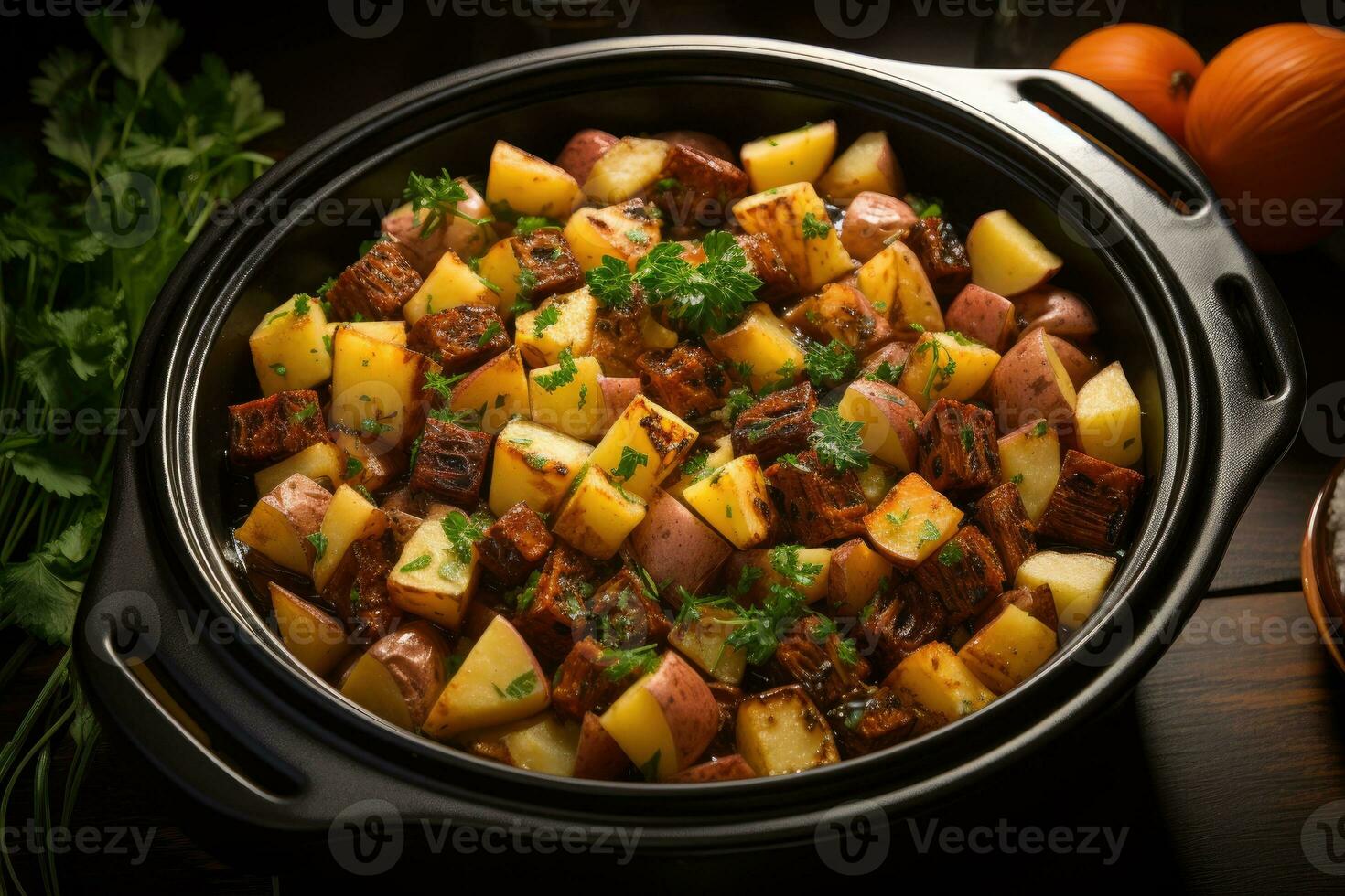 photos of beef stew in indoor photo studio AI Generated