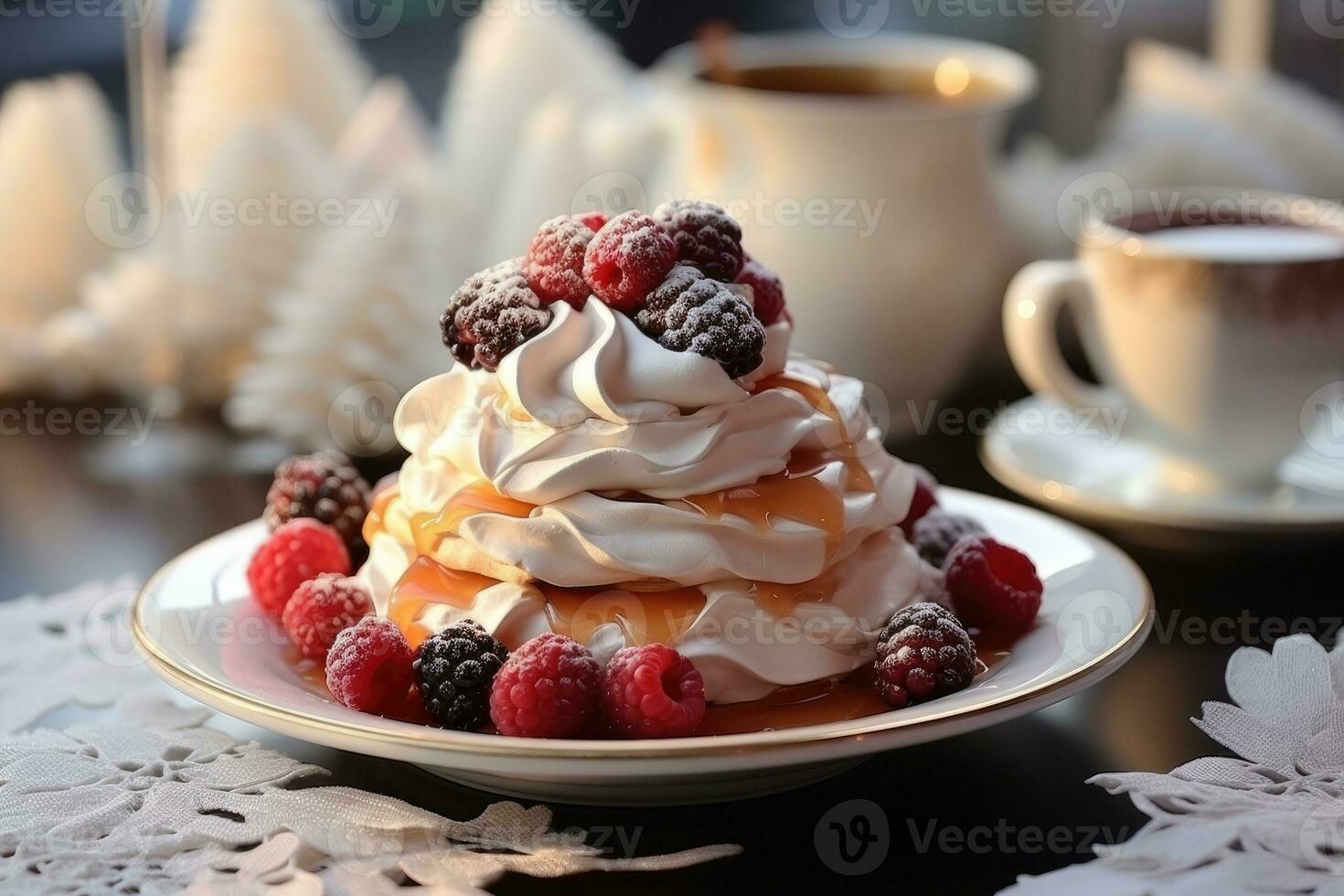 fruit pavlova on a beautiful winter decorated table AI Generated photo