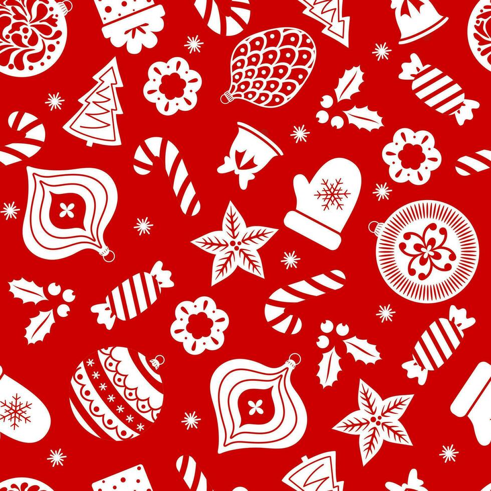 Seamless christmas pattern template in cartoon style with balls, snowflakes, candy cane, holly berry and tree on red background vector