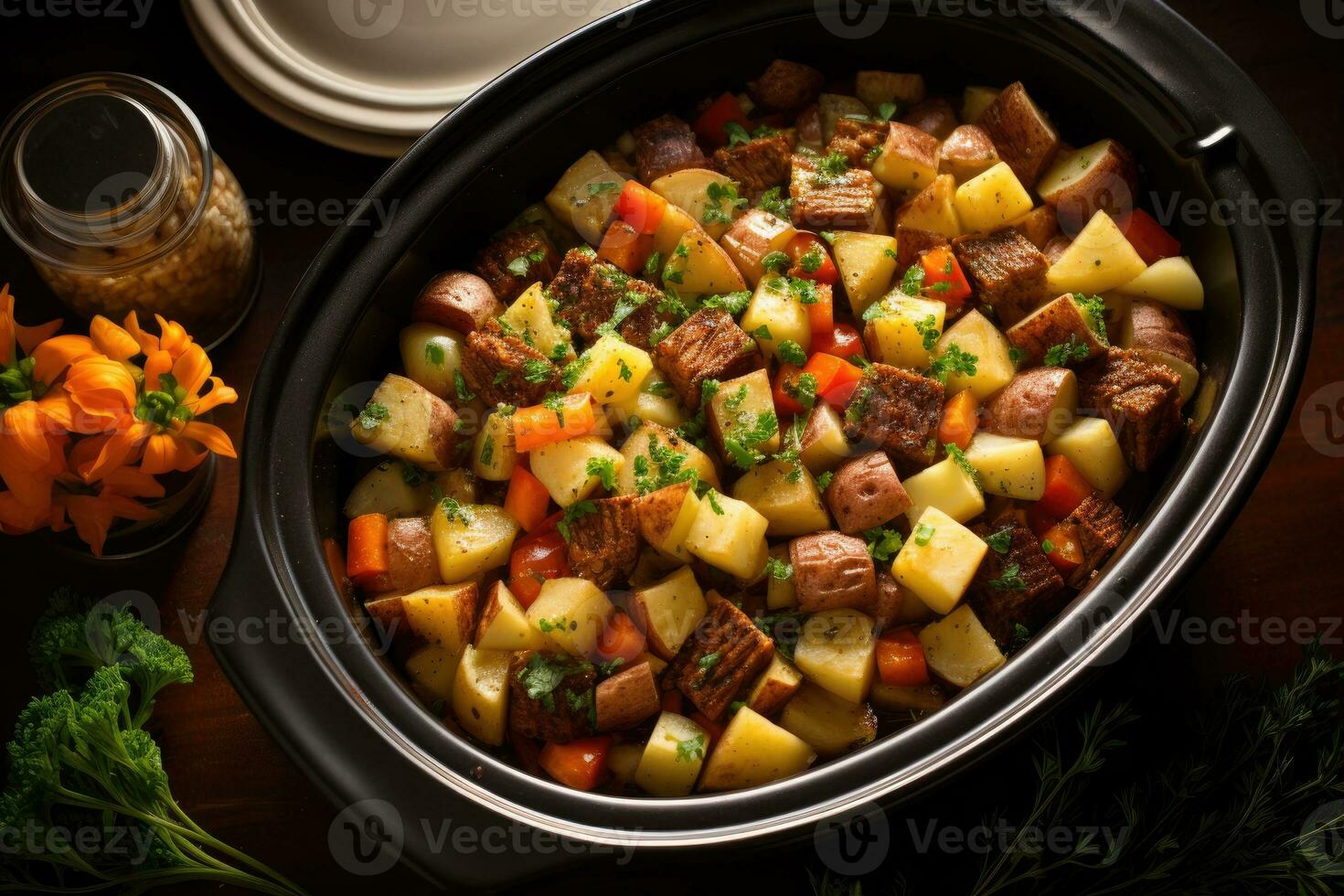 photos of beef stew in indoor photo studio AI Generated