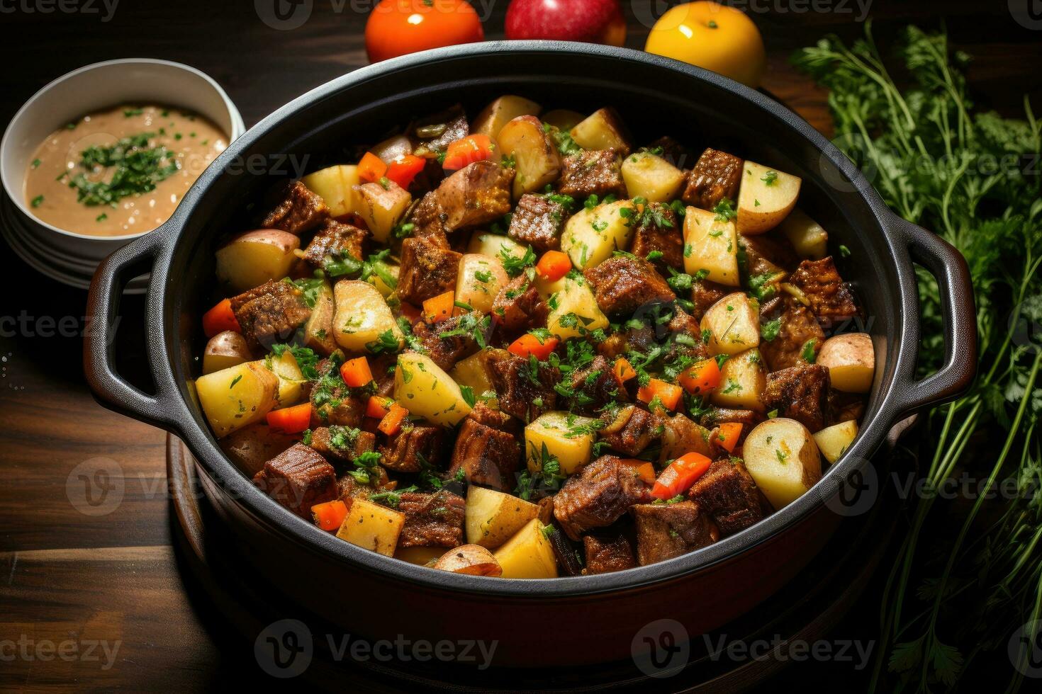 photos of beef stew in indoor photo studio AI Generated