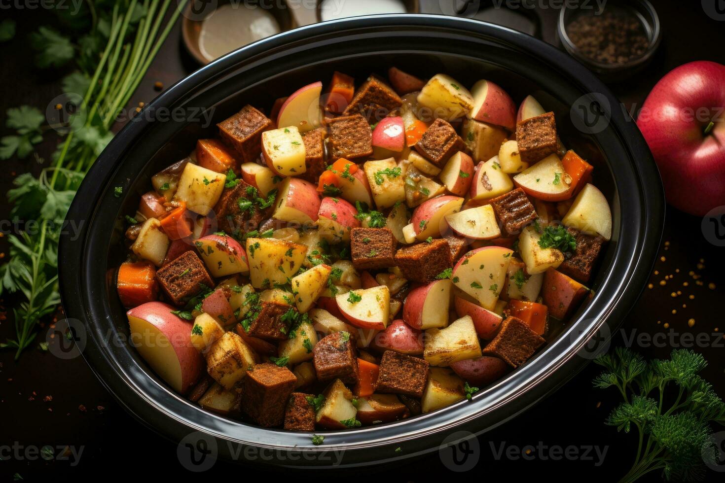 photos of beef stew in indoor photo studio AI Generated