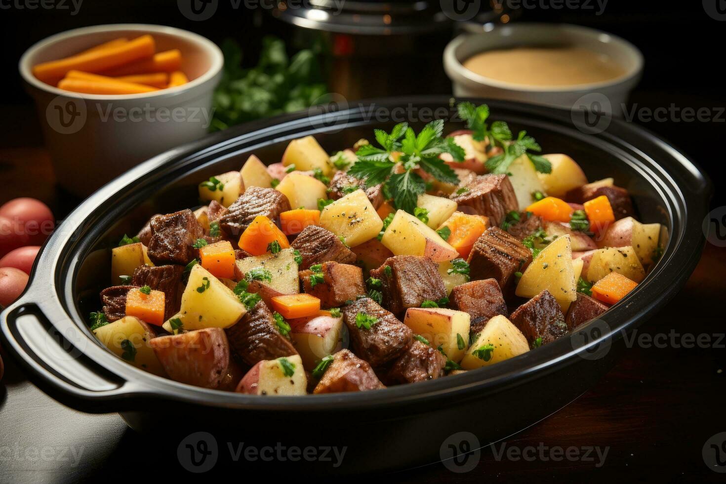 photos of beef stew in indoor photo studio AI Generated