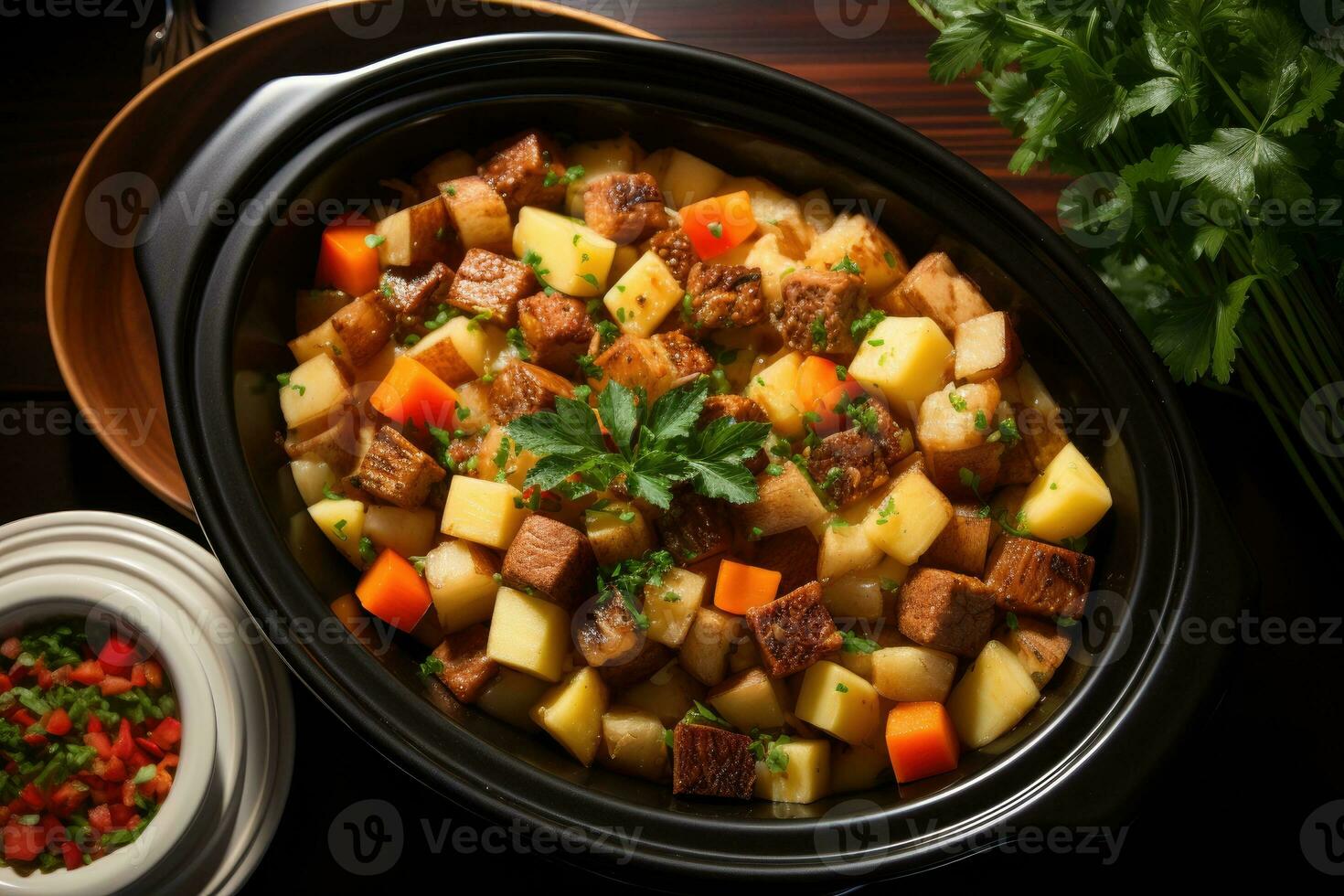 photos of beef stew in indoor photo studio AI Generated