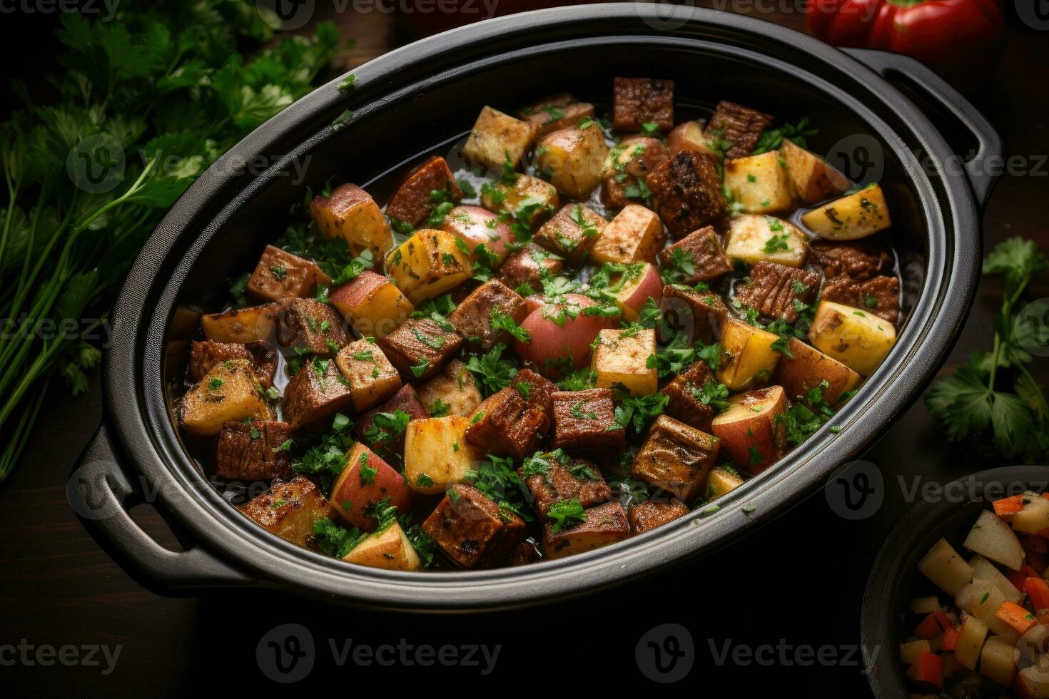 photos of beef stew in indoor photo studio AI Generated