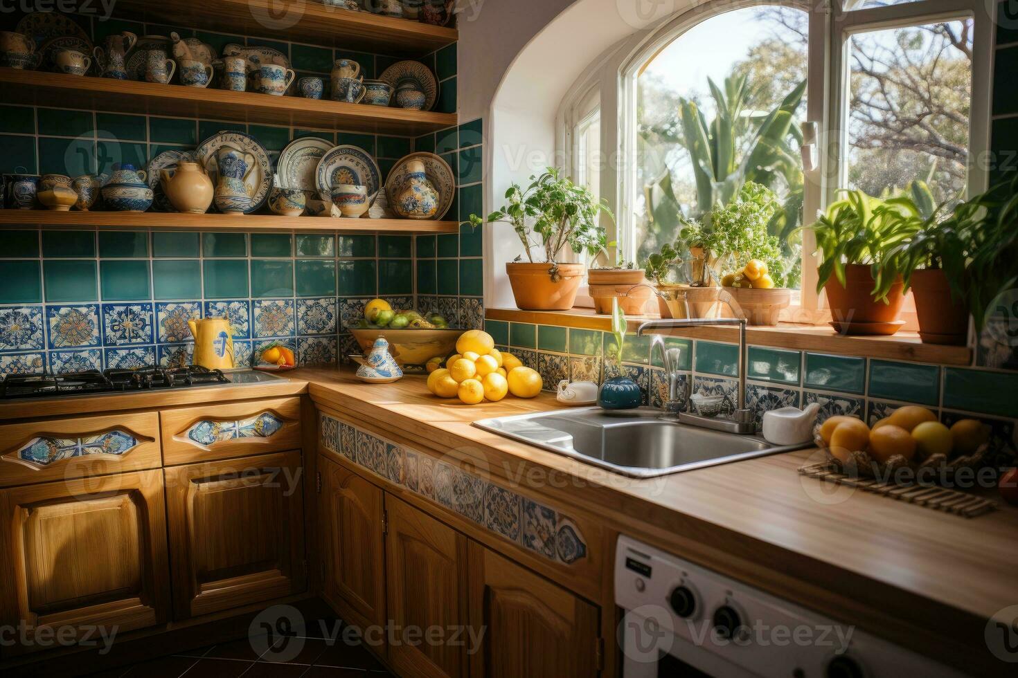 expose moroccan tiles in the kitchen room AI Generated photo