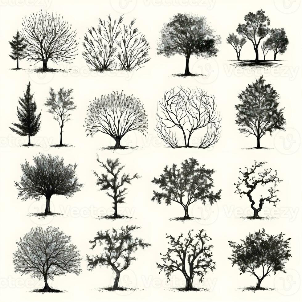 Set of trees silhouettes isolated on white background generative Ai. photo
