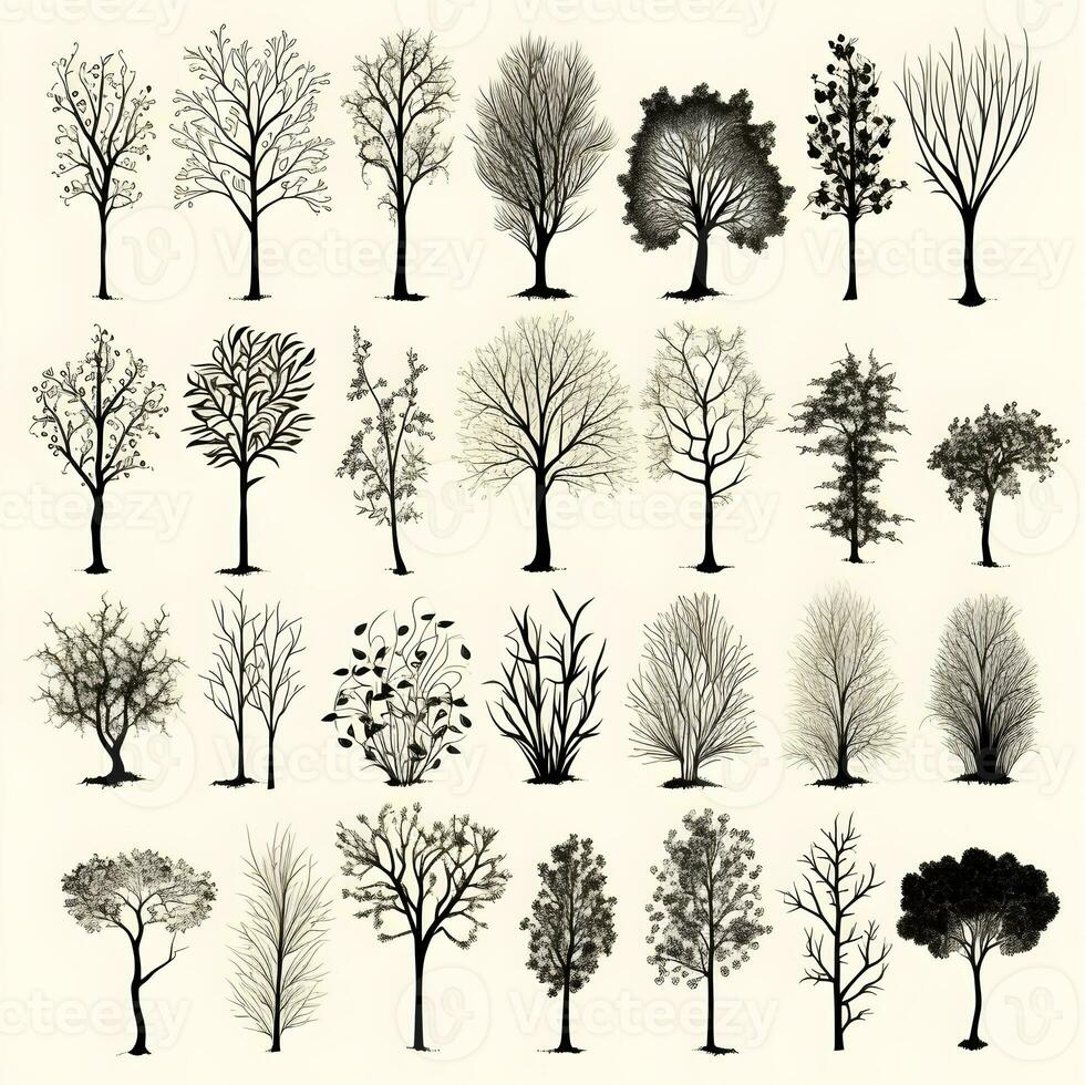 Set of trees silhouettes isolated on white background generative Ai. photo