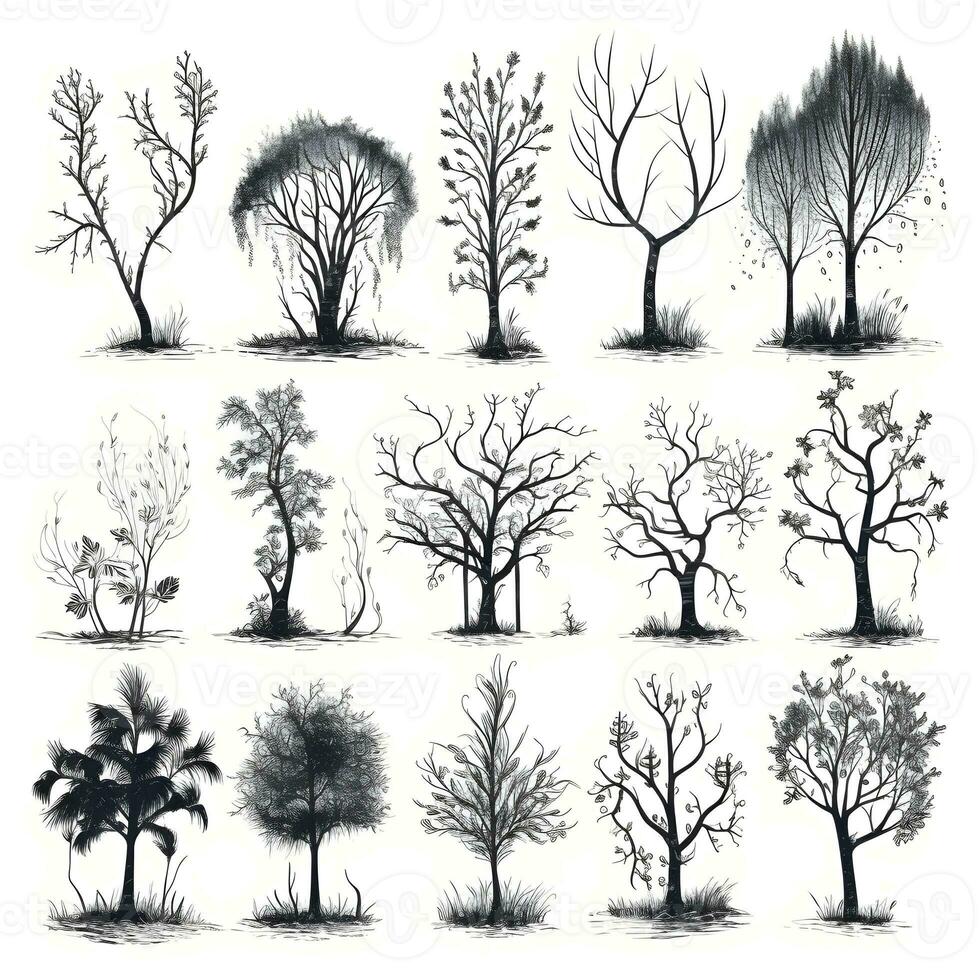 Set of trees silhouettes isolated on white background generative Ai. photo
