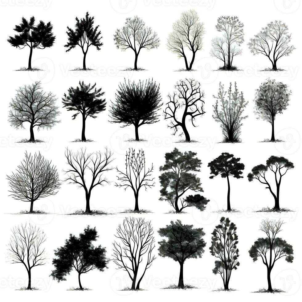 Set of trees silhouettes isolated on white background generative Ai. photo