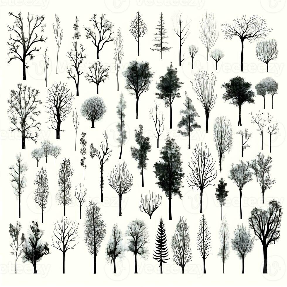 Set of trees silhouettes isolated on white background generative Ai. photo