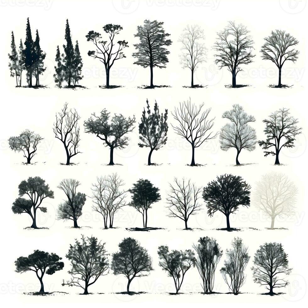 Set of trees silhouettes isolated on white background generative Ai. photo