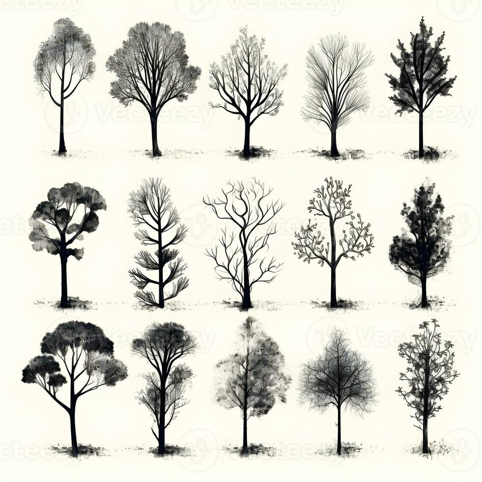 Set of trees silhouettes isolated on white background generative Ai. photo
