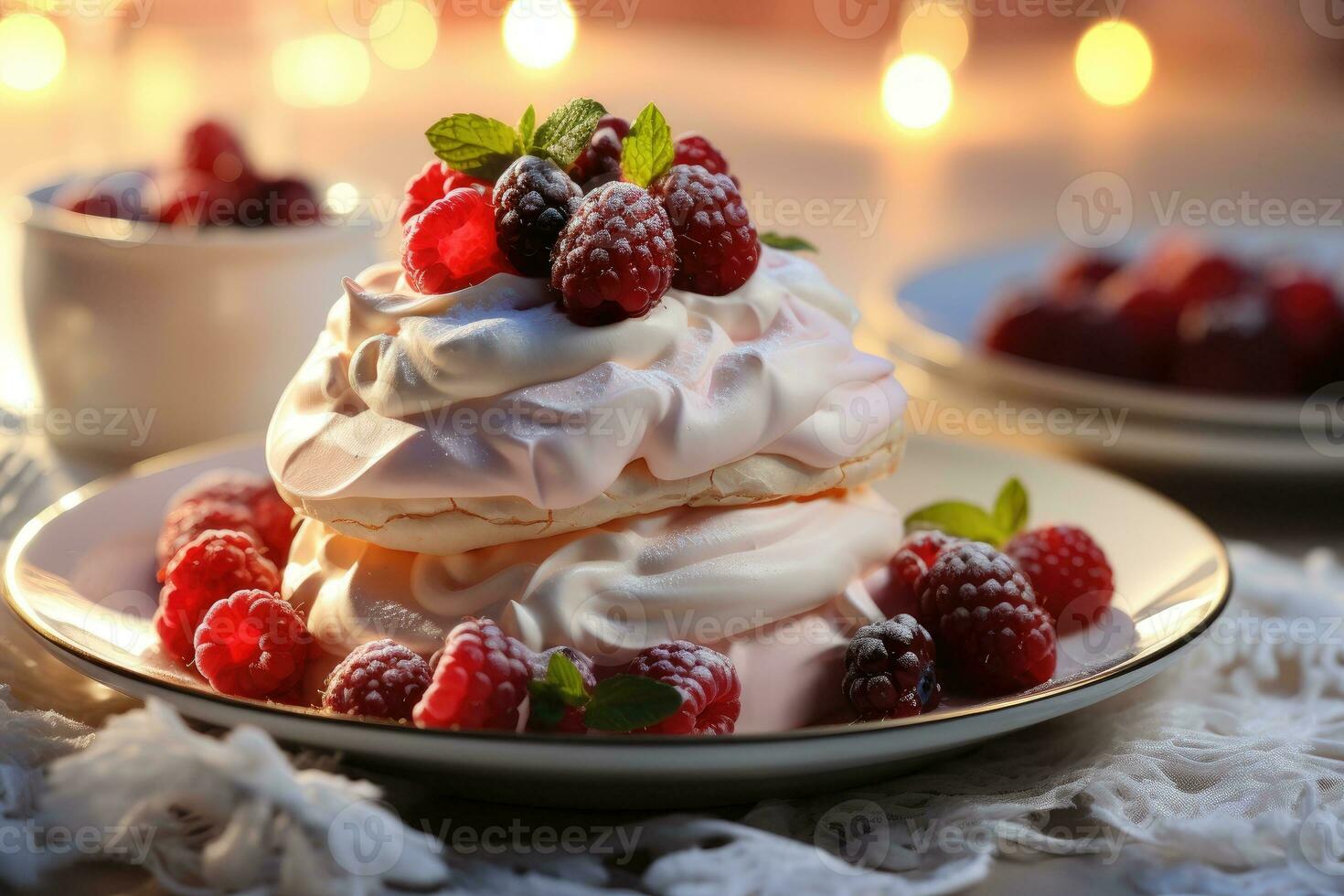 fruit pavlova on a beautiful winter decorated table AI Generated photo