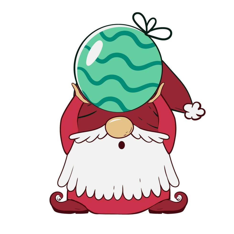 A cute gnome holding a Christmas ball stands like a letter I for the New Year. Vector illustration of cartoon doodle character of dwarf