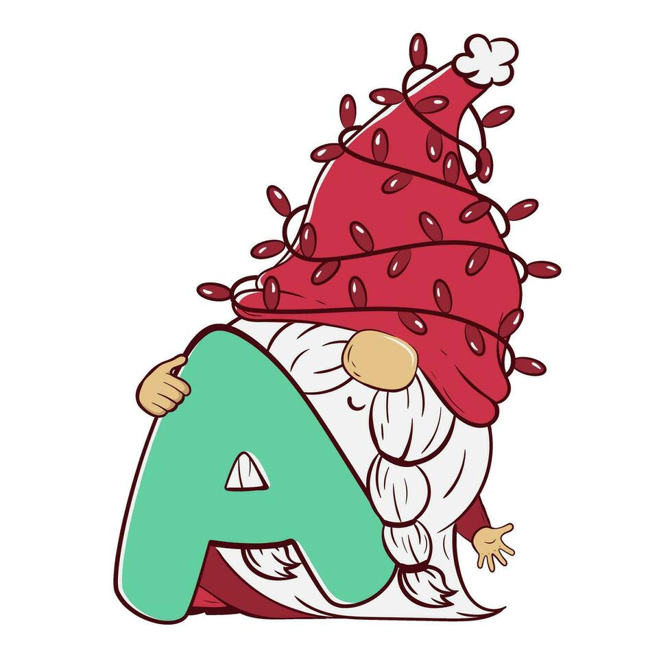 Cute gnome holding a letter a  for Christmas and New Year. Vector illustration of cartoon doodle character of dwarf