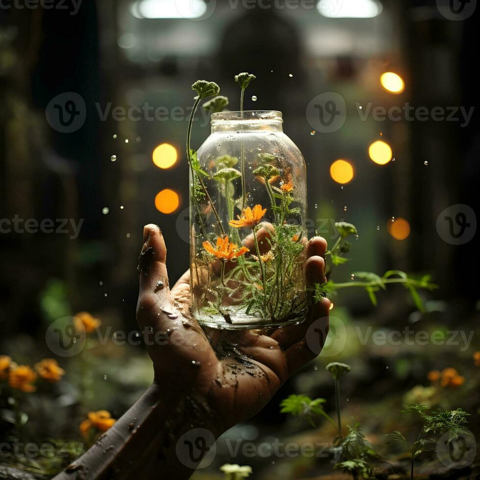 hand holding green tree in form of environment eco concept generative Ai. photo