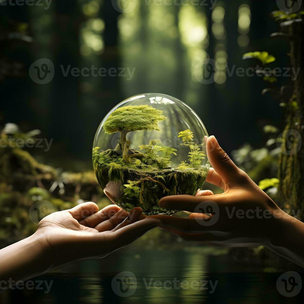 hand holding green tree in form of environment eco concept generative Ai. photo