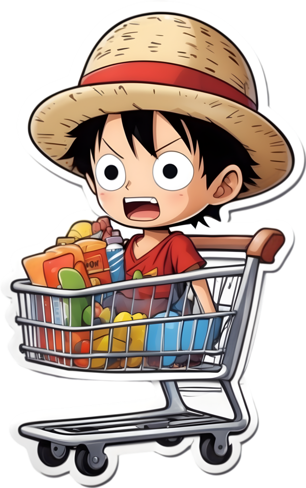 cartone animato anime un pezzo nel un' shopping carrello con ai generativo png