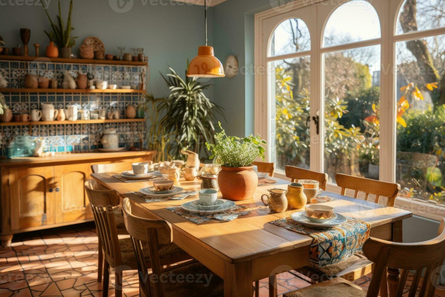 exponer marroquí losas en el comida habitación ai generado foto