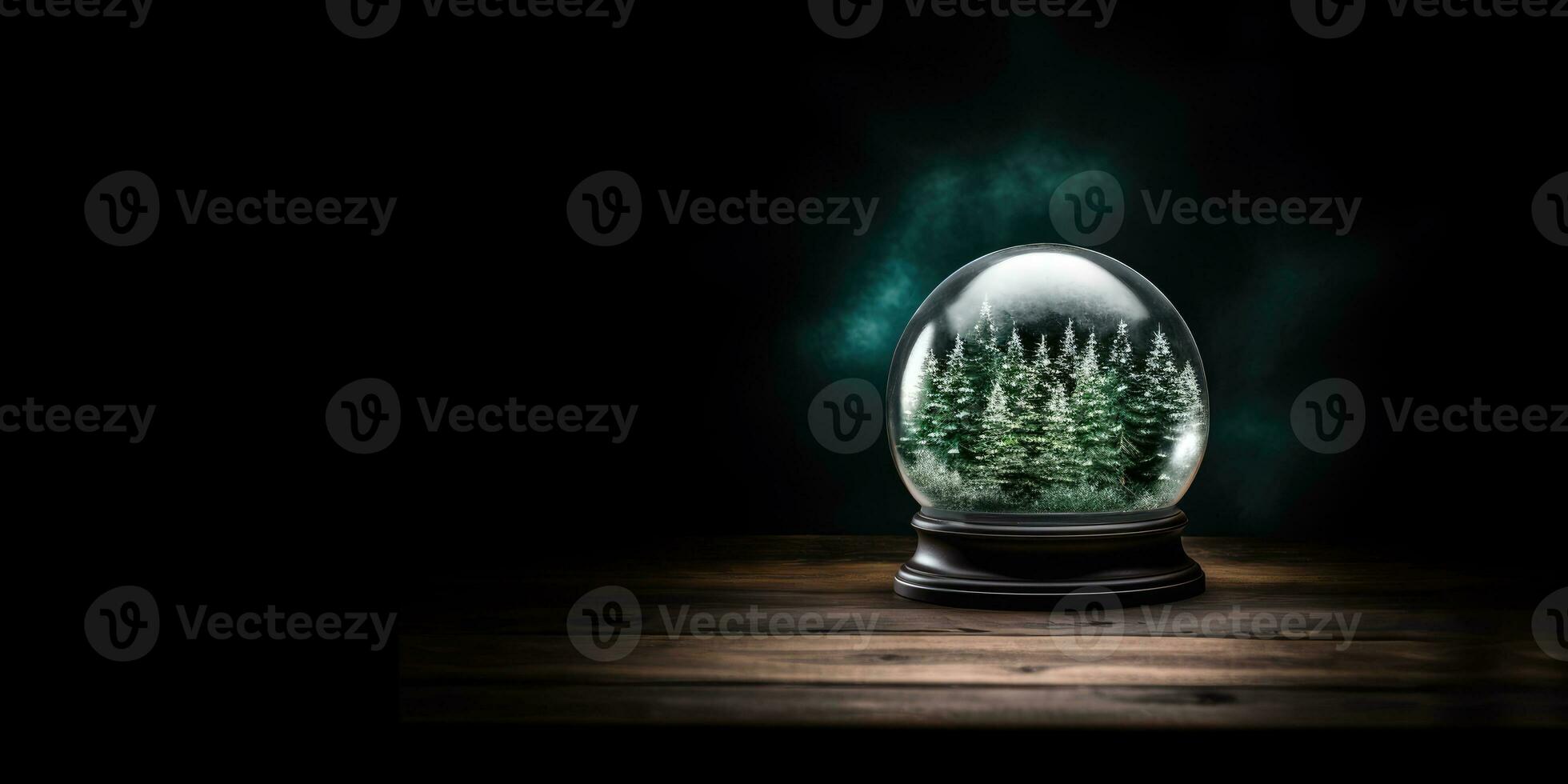 AI Generated Ai generation. Snow globe with fir trees inside on wooden table at night. Empty space. photo