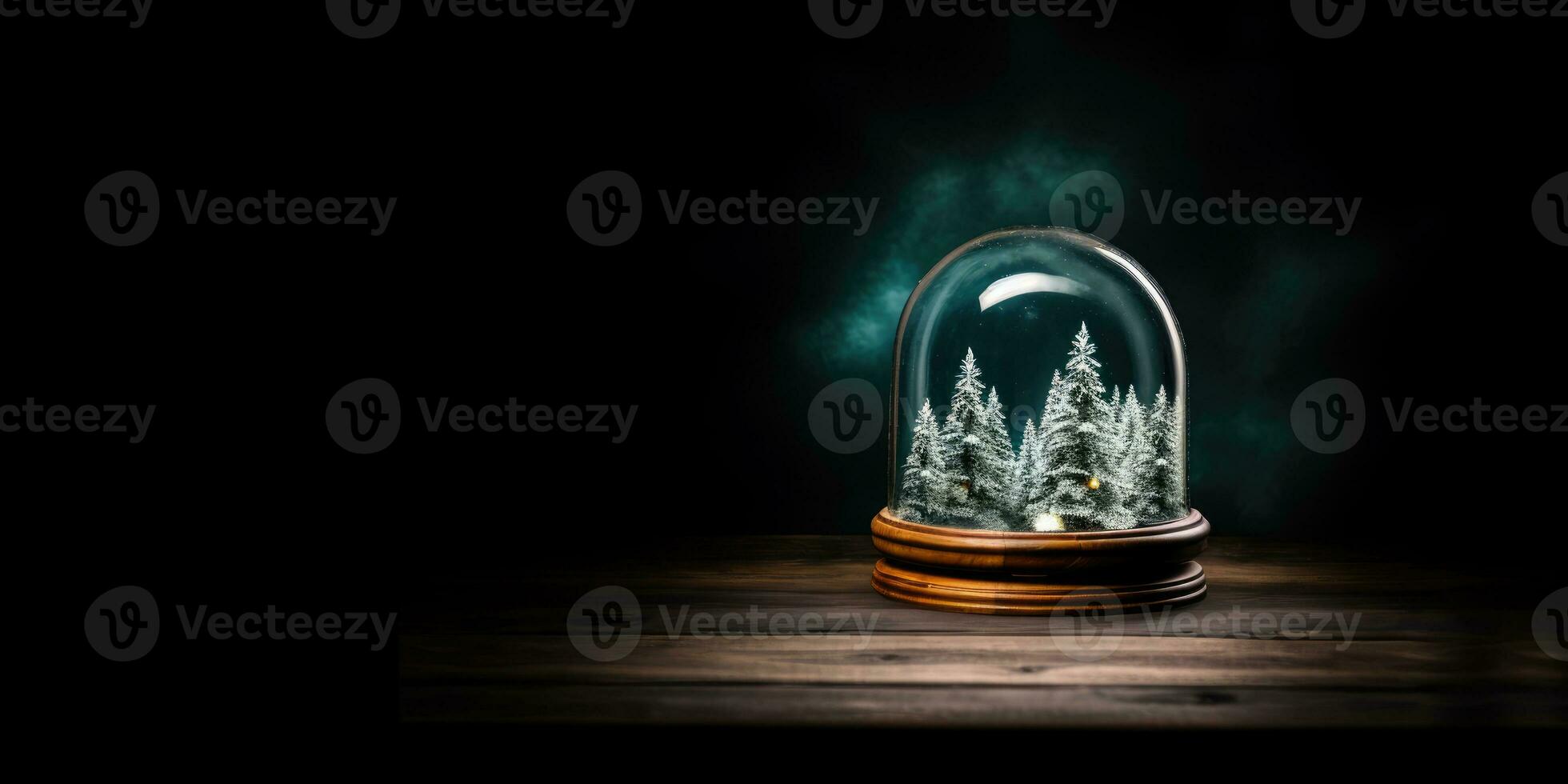 AI Generated Ai generation. Snow globe with fir trees inside on wooden table at night. Empty space. photo