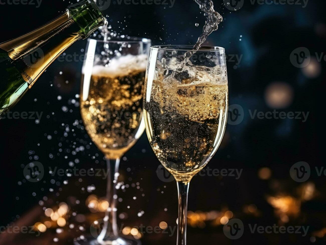 AI Generated Ai generation. Champagne pouring into glasses on blurred background with bokeh effect. photo