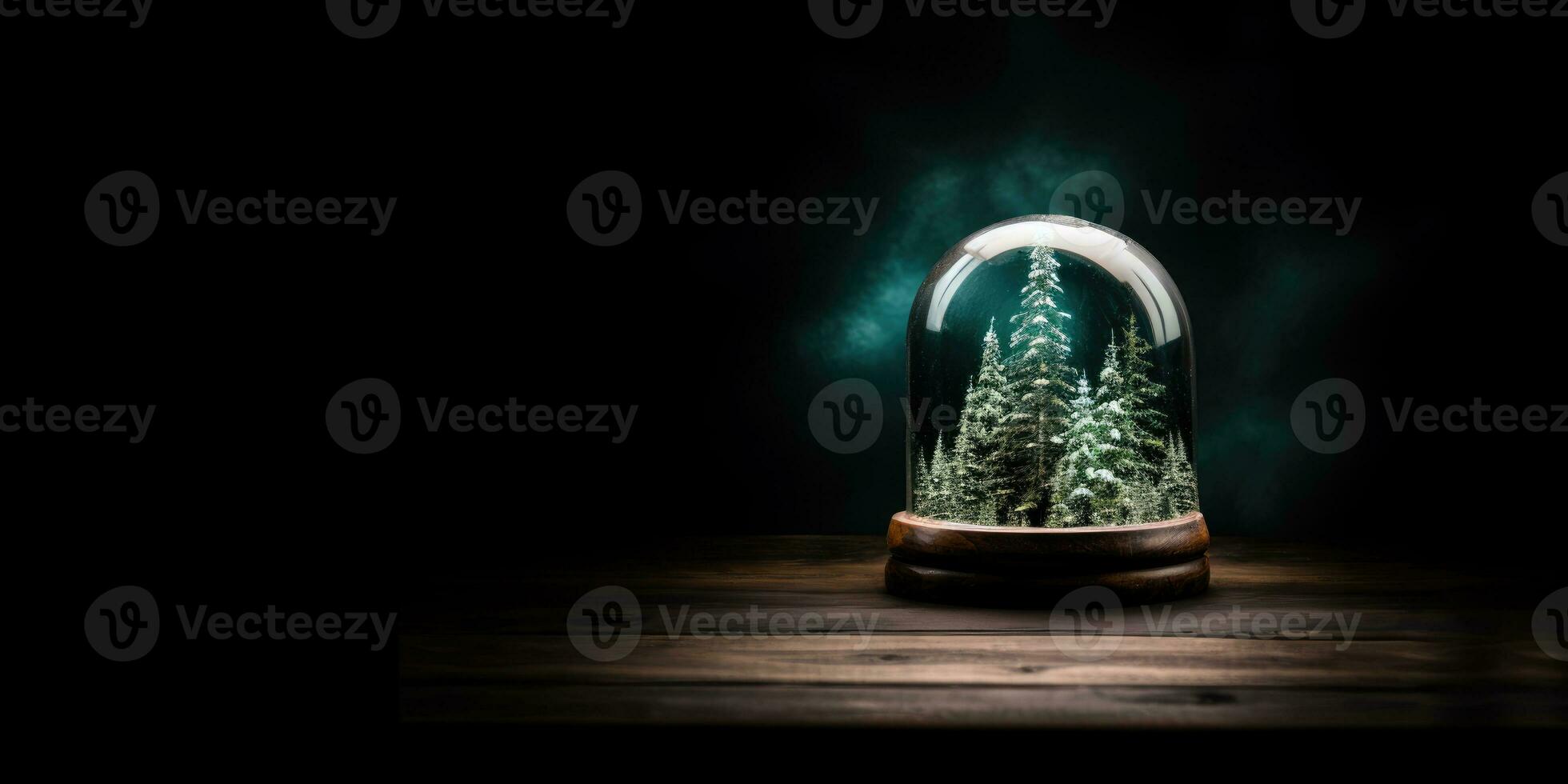 AI Generated Ai generation. Snow globe with fir trees inside on wooden table at night. Empty space. photo