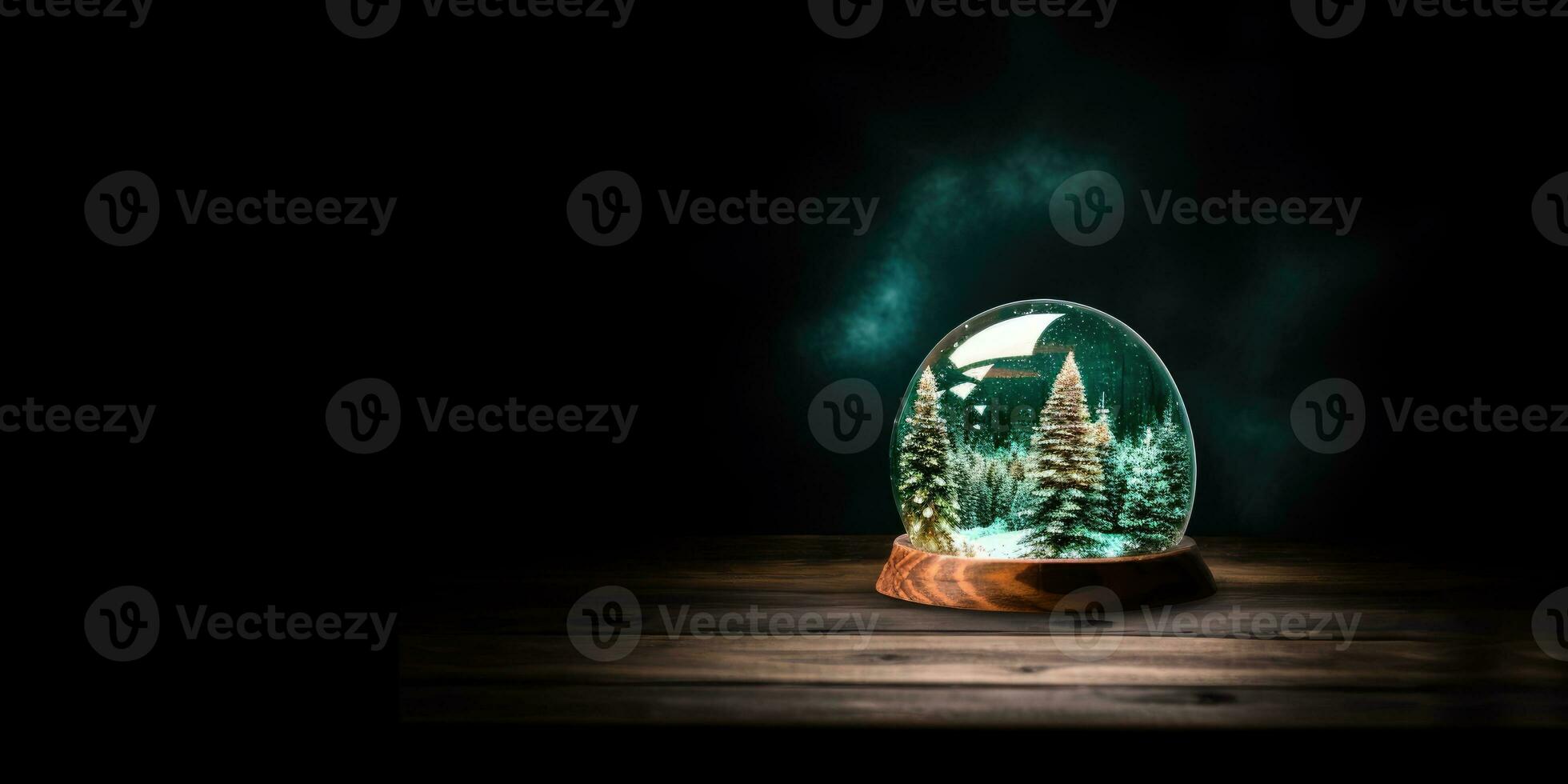 AI Generated Ai generation. Snow globe with fir trees and mountains inside on wooden table at night photo