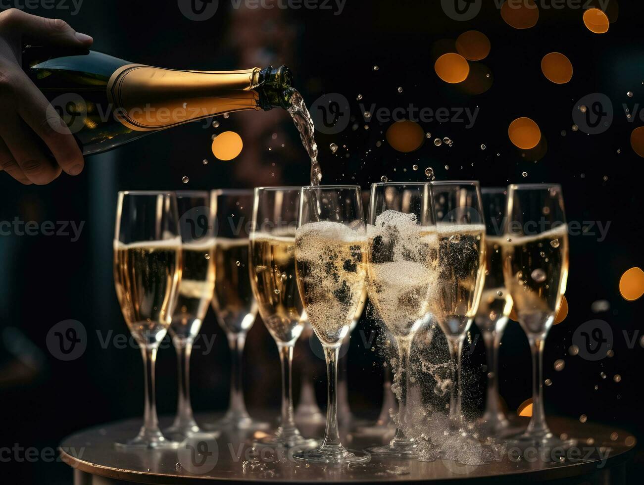 AI Generated Ai generation. Champagne pouring into glasses on blurred background with bokeh effect. photo