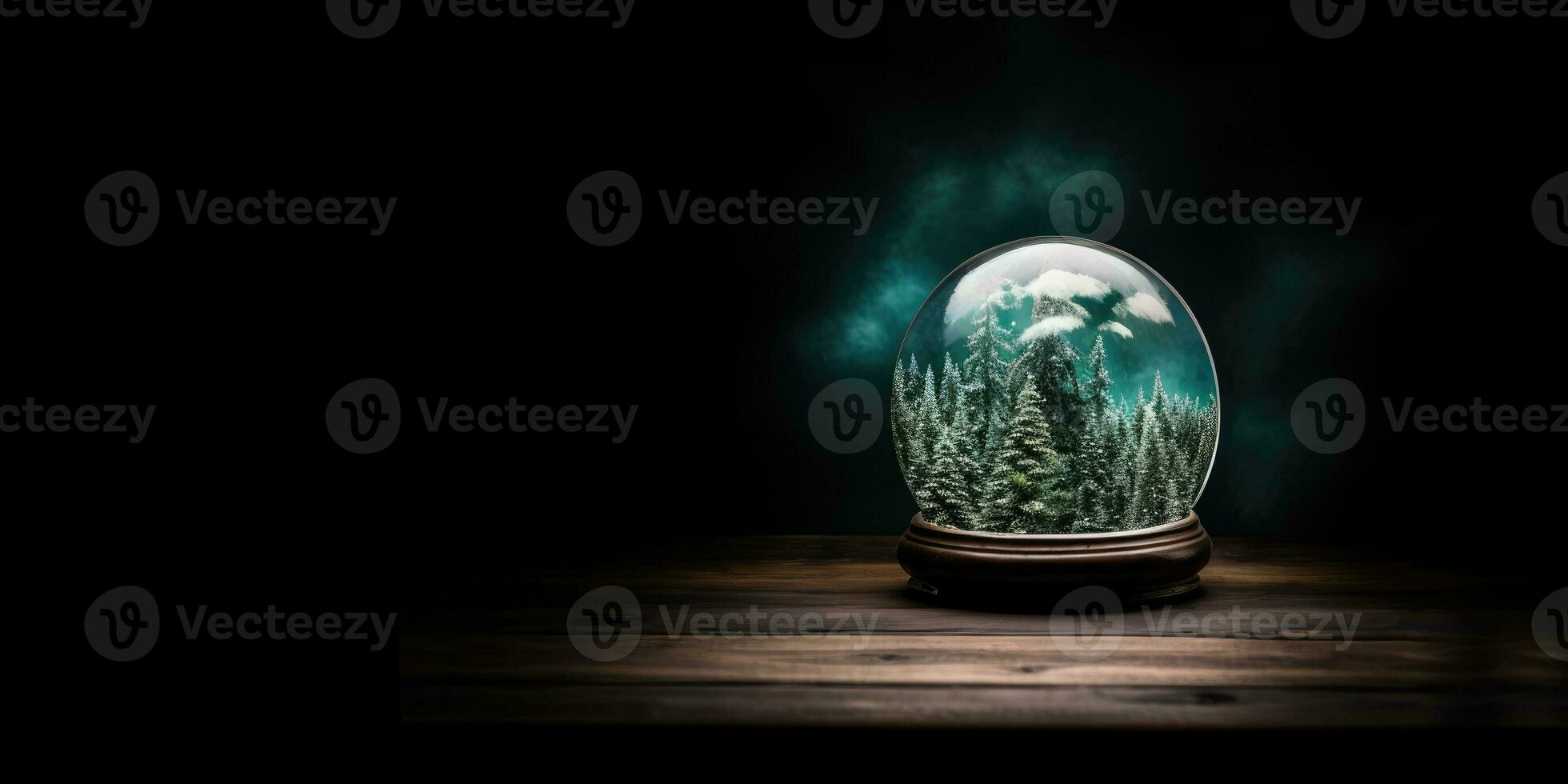 AI Generated Ai generation. Snow globe with fir trees inside on wooden table at night. Empty space. photo