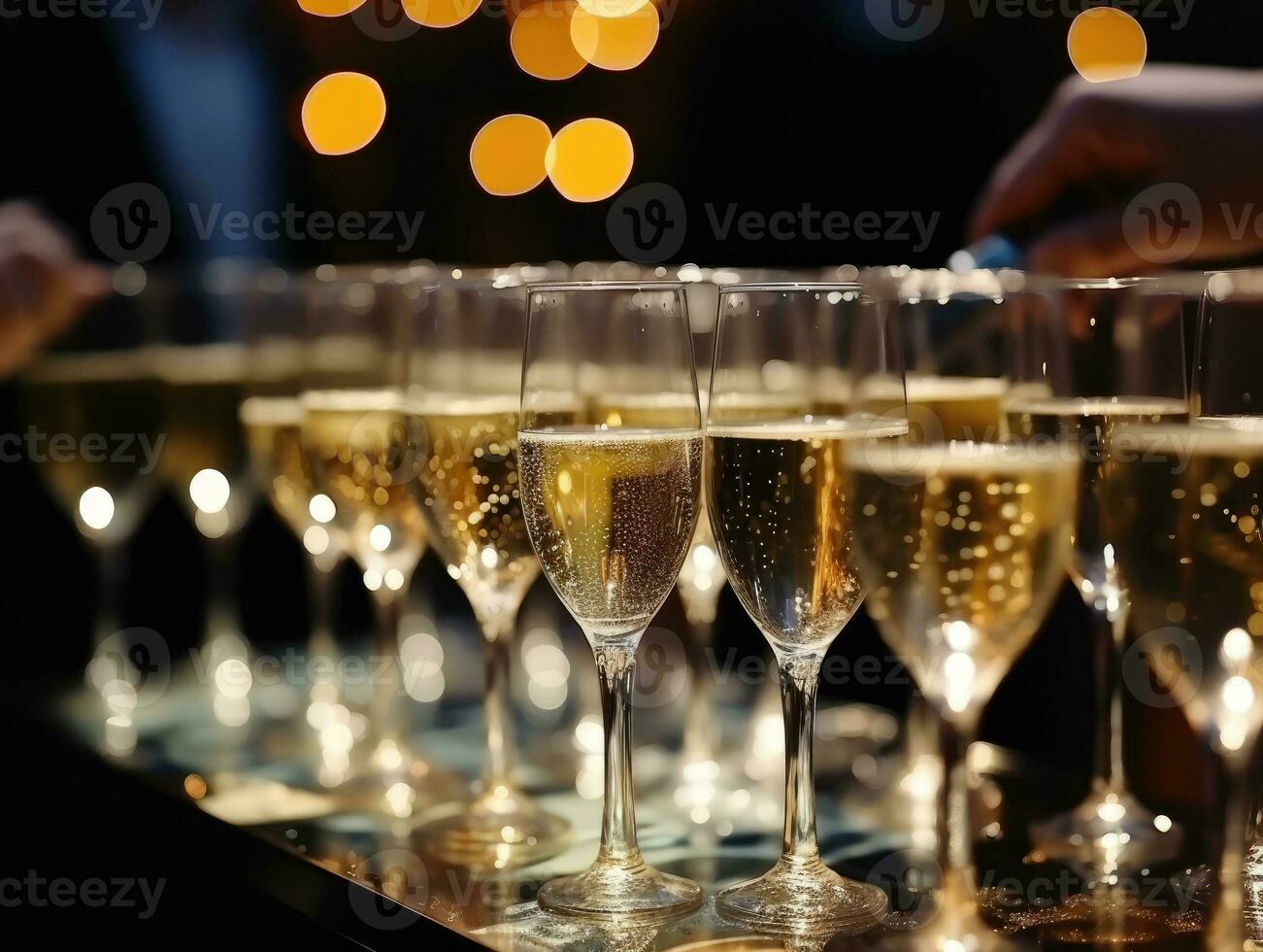 AI Generated Ai generation. Champagne pouring into glasses on blurred background with bokeh effect. photo