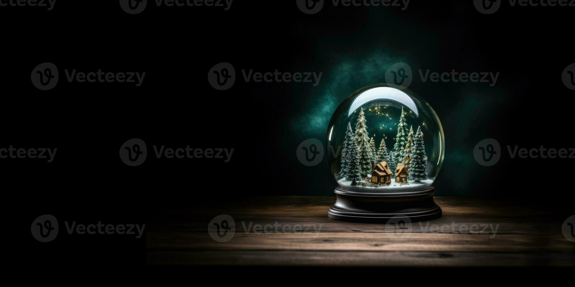 AI Generated Ai generation. Snow globe with fir trees inside on wooden table at night. Empty space. photo