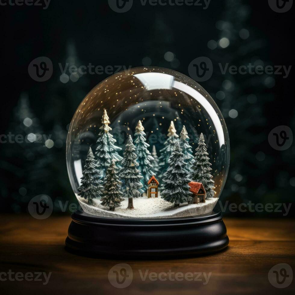 AI Generated Ai generation. Snow globe with christmas trees on dark background. Christmas concept. photo