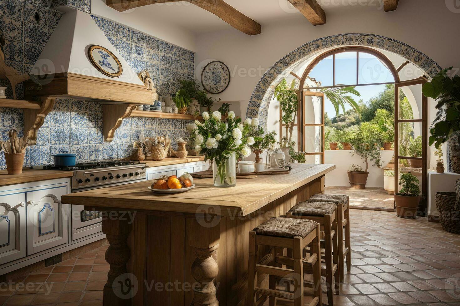 expose moroccan tiles in the kitchen room AI Generated photo